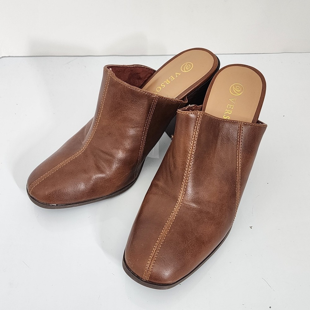 Versona Women Brown Square Toe Block Heel Mules Shoes Size 10